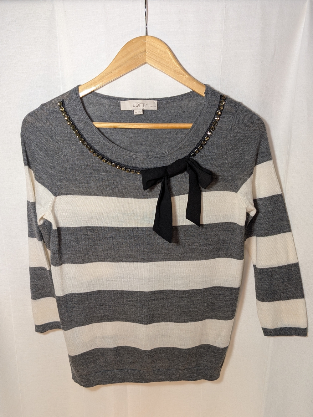 LOFT Gray and Cream Striped Knit Sweater with Jeweled Neckline and Black Bow MP